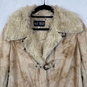 Armani Jeans Y2K Faux Suede Faux Fur Midi Jacket Long Coat Parka Tan Size 10
